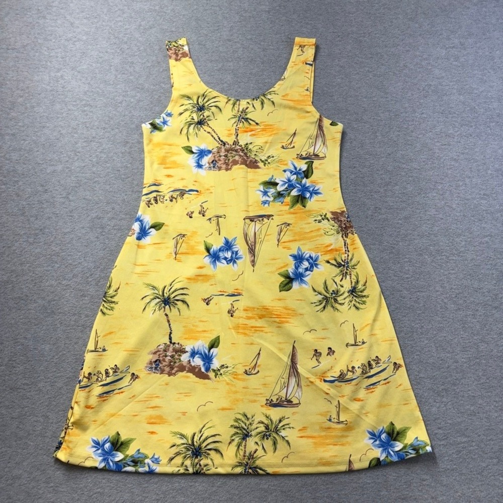 Vintage Kuah Mini Dress Large Yellow Hawaiian Tropical Print Sleeveless